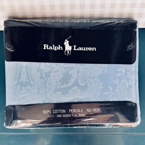 Vintage Ralph Lauren Home Queen Flat Sheet Avery Blue Damask Cotton 90”x102” USA